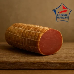 alt="Filet porc français sec posé sur planche rustique, séché artisanalement avec filet de séchage et logo Le Porc Français en haut à droite"