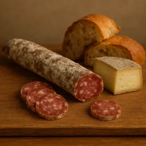 alt="Saucisson Saint-Nectaire de porc français présenté sur planche rustique avec pain de campagne et fromage AOP affiné"