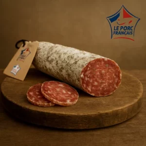 alt="Saucisson tomates herbes de porc français posé sur planche rustique, tranché en rondelles, avec étiquette artisanale et logo Le Porc Français"
