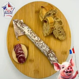 Saucisson bleu artisanal avec tranches et pain, label Le Porc Français