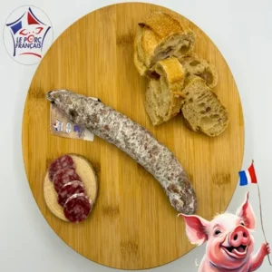 Saucisson cèpes artisanal de la Salaison du Velay sur planche avec pain de campagne