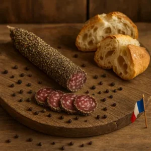 Saucisson poivre Auvergne artisanal de Haute-Loire, présenté sur planche en bois avec tranches de pain, spécialité charcutière française
